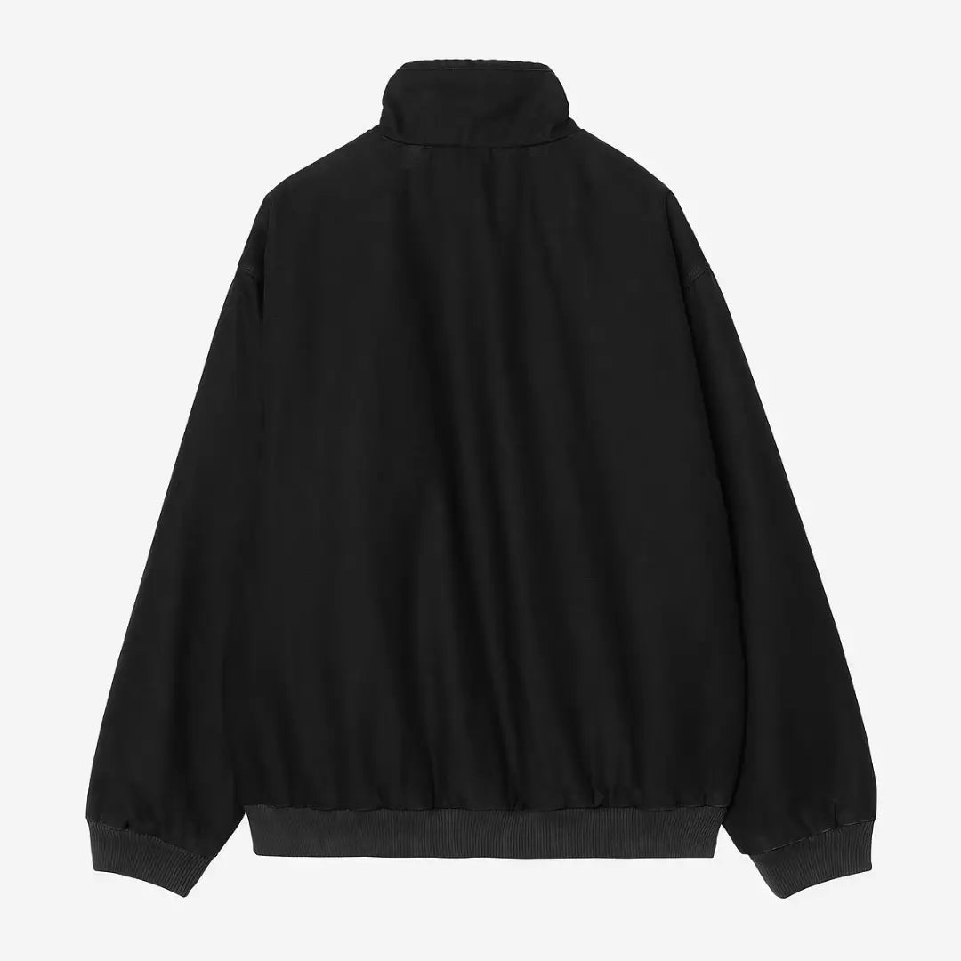 Dos à plat de la veste Ravon noire en toile heavy stone wash, empiècement d'épaule et bas en bord-côtes