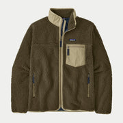 Veste Retro-X Basin Green Patagonia à plat de face, sherpa vert olive, col et poche poitrine nylon beige sable