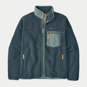Veste Retro-X Summit Blue Patagonia à plat de face, sherpa bleu ardoise, col et poche poitrine nylon vert d'eau