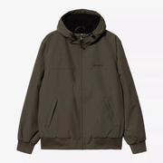 Blouson Sail olive foncé à plat de face, capuche à cordons, poches passepoilées inclinées et bas côtelé