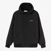 Veste Sail Carhartt WIP noire, vue de face à plat, capuche, zip central et deux poches zippées en biais