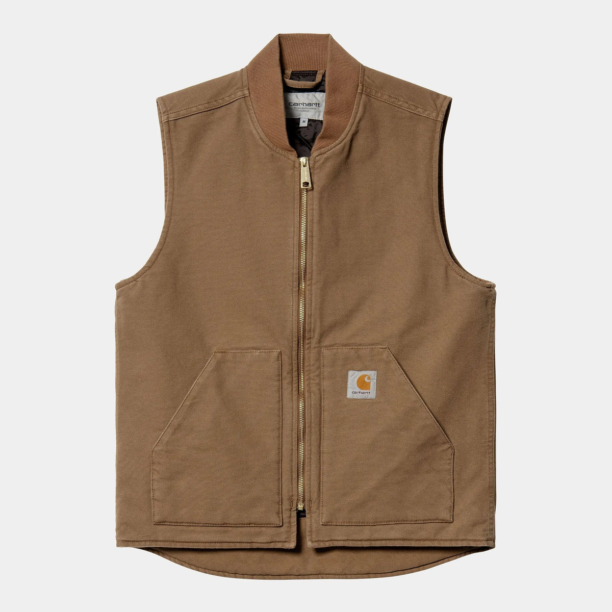 Veste sans manches Carhartt WIP en toile brun caramel Hamilton, à plat de face, col côtelé et zip laiton