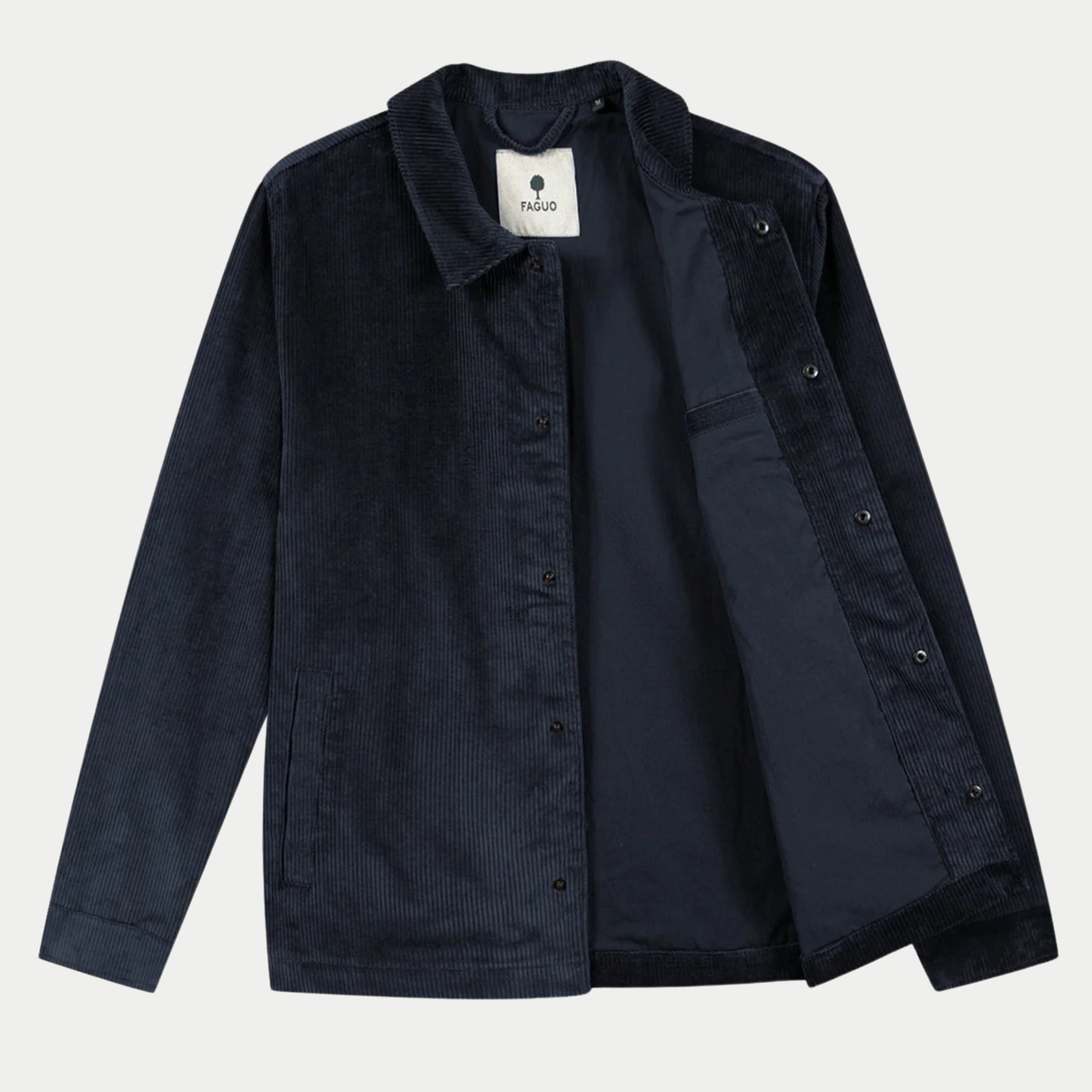 Veste Sologne bleu marine Faguo ouverte à plat, doublure unie et poche intérieure passepoilée