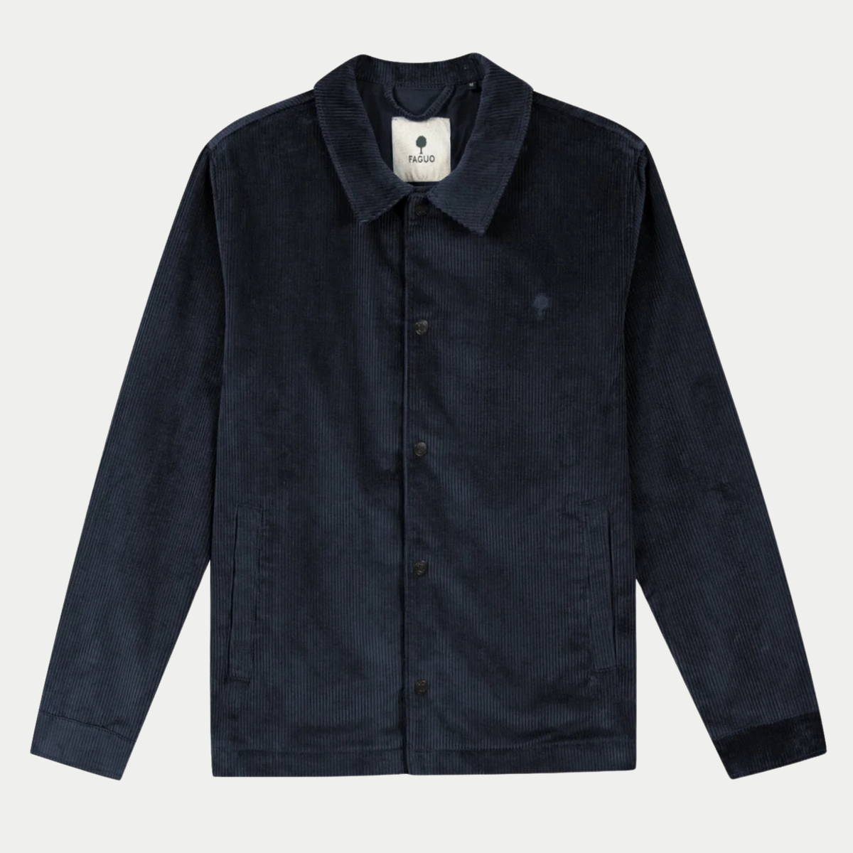Veste Sologne bleu marine Faguo en velours côtelé à larges côtes, à plat de face, col chemise et boutons pression