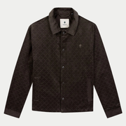 Veste Sologne chocolat Faguo, packshot de face : velours côtelé à motif losange, col chemise et boutons pression