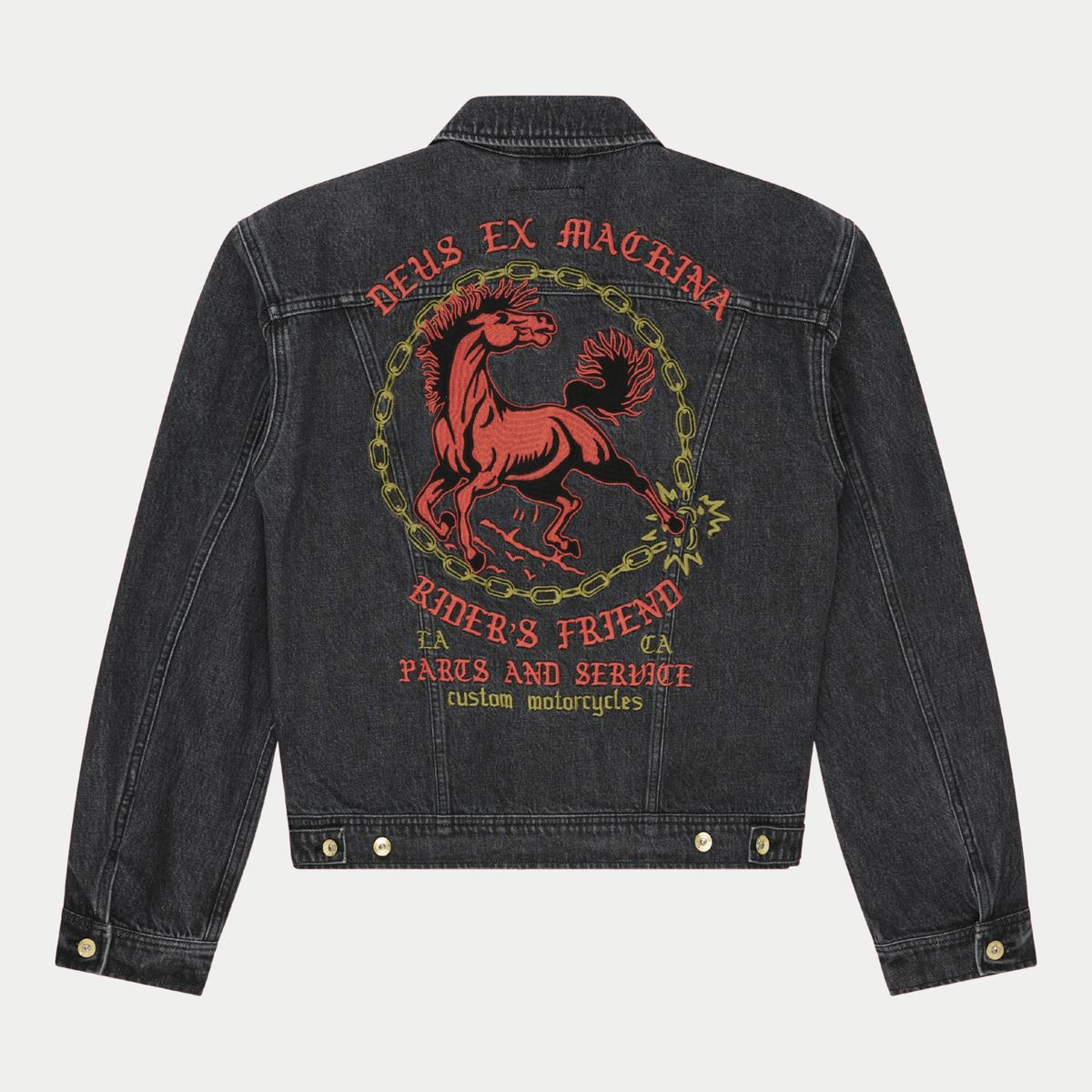 Veste Unchained Trucker Washed Black Deus Ex Machina - dos, grande broderie cheval cabré encerclé d’une chaîne