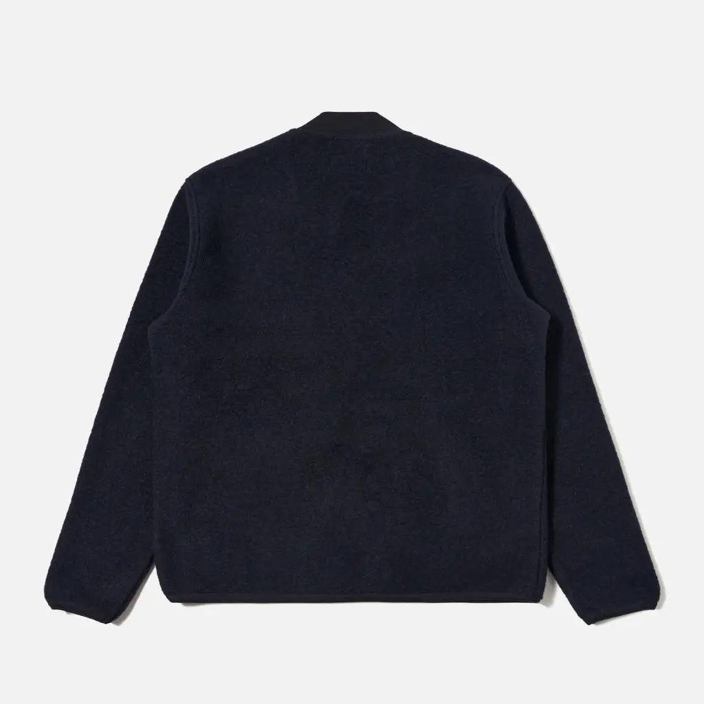 Dos du Zip Bomber bleu marine en laine bouillie, coupe droite et bas côtelé