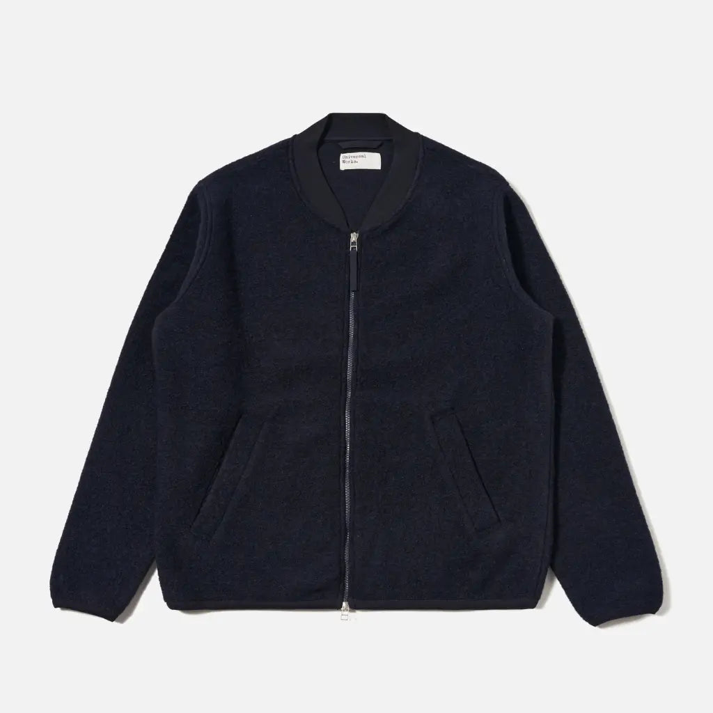 Zip Bomber en laine bleu marine à plat, col côtelé, zip double curseur et poches passepoilées