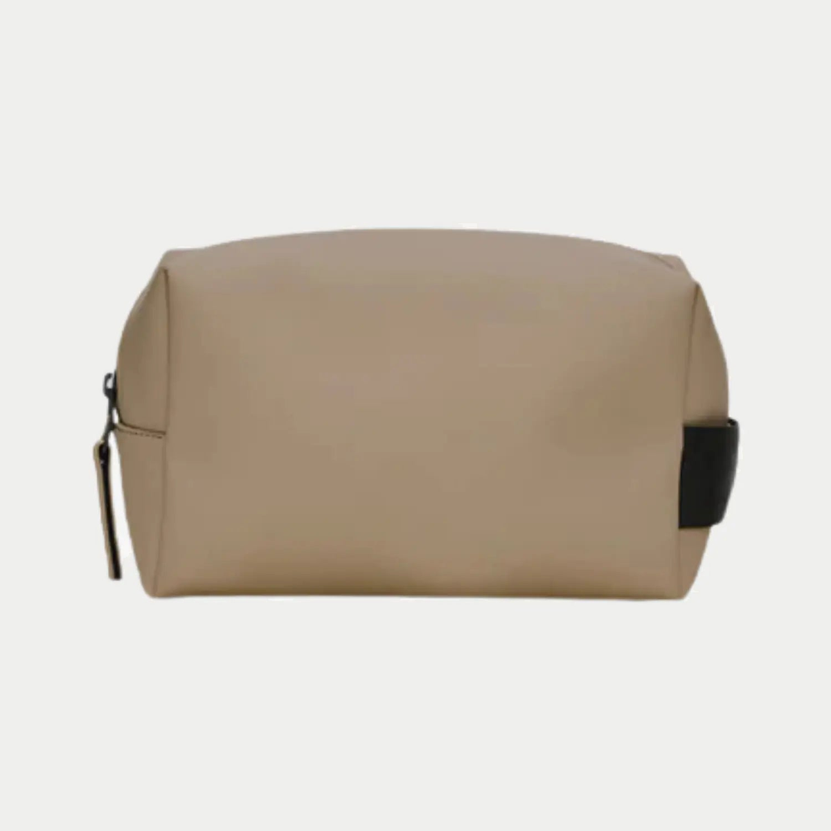 Wash Bag Small beige taupe, trousse de toilette zippée à base plate et patte noire latérale